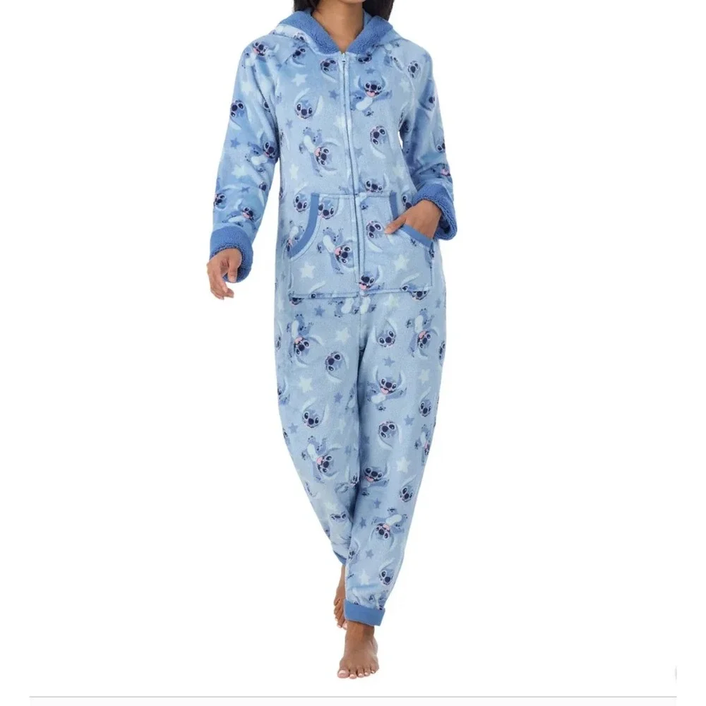 Disney Stitch One Piece Pajama Women XL 16-18 Blue Plush Fleece Hooded Sleeper - Picture 2 of 7